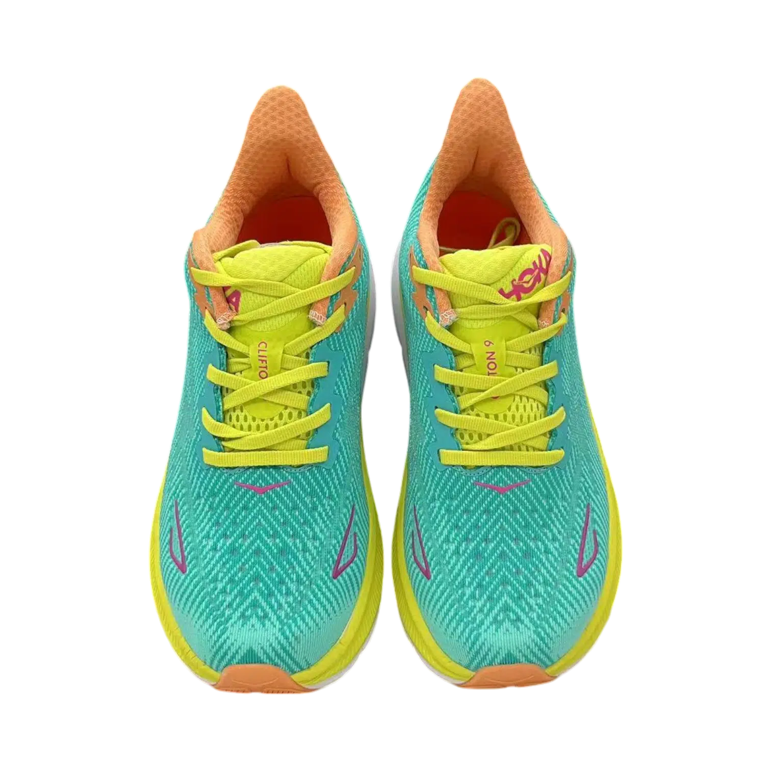Hoka Men’s 13 D Clifton 9 Lime Green Sneakers with Orange‎ Accents Men main image 4